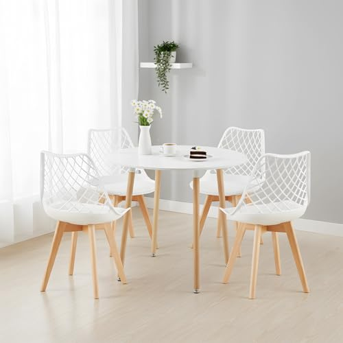 FURNITABLE Rund Esstisch mit 4 Stühlen Essgrupp, 90cm Küchentisch und Set für 4 Personen Sitzgruppe für Esszimmer, Küche, Wohnzimmer,(Weißer Tisch+4 Weiße Stühle)