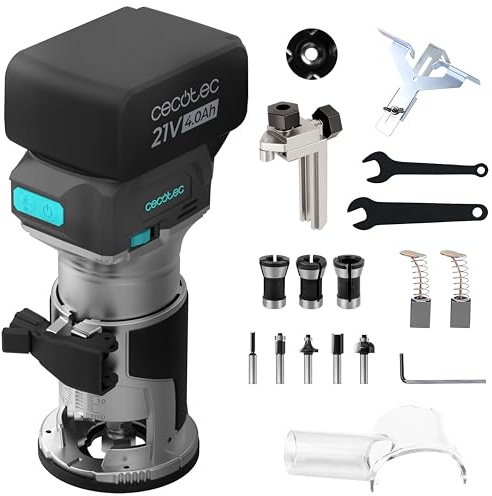 Cecotec Fresadora de Madera a Batería MultiShape 2000 Liberty. Batería Nexus 21V 4Ah, Motor Sin Escobillas Brushless, 5 Fresas, Cabezales 6/6,35/8mm, Cuerpo Aluminio, Profundidad y Velocidad Regulable