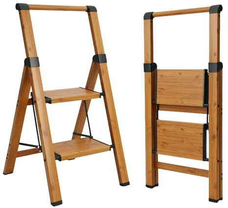 UABA Escalera Plegable Aluminio, 2 Peldaños, Efecto Madera, Hogar, EN 13