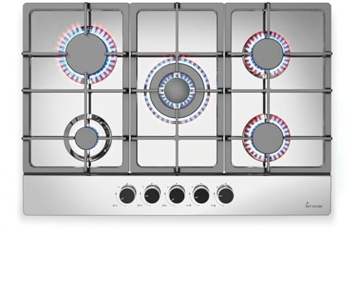 KKT KOLBE Gaskochfeld G805ED, 74 cm | autark, 10,6 kW, 5 Brenner, Wok-Zone, rahmenlos, Knebelbedienung, gusseiserne Topfträger, Edelstahl, Propangas, Erdgas