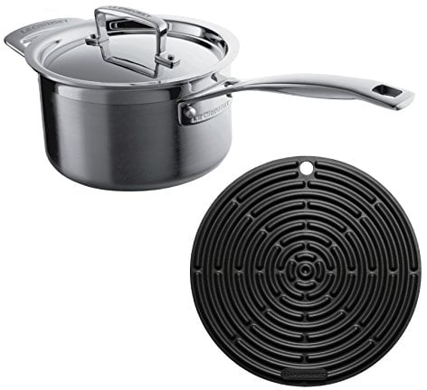 Le Creuset 3-Ply Stainless Steel Saucepan with Lid, 18 cm and Silicone Cool Tool, 20.5 cm, Black