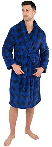 Mens Plaid Cozy Plush Robe (Blue, S/M)