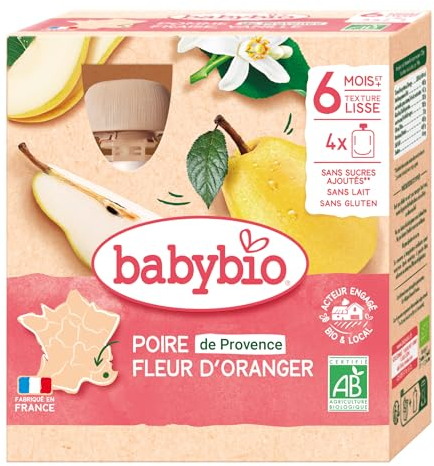Babybio - Gourdes Fruits - Poire de Provence Fleur d'Oranger 4x90 g - 6+ Mois - BIO