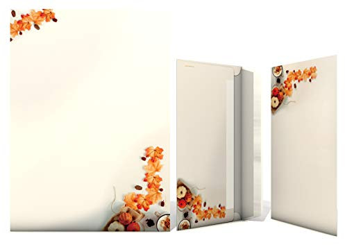 Briefpapier Set | Duft des Herbstes | 50 Blatt Herbstliches Motivpapier A4 | 50 Briefumschläge OHNE FENSTER im DIN LANG-Format
