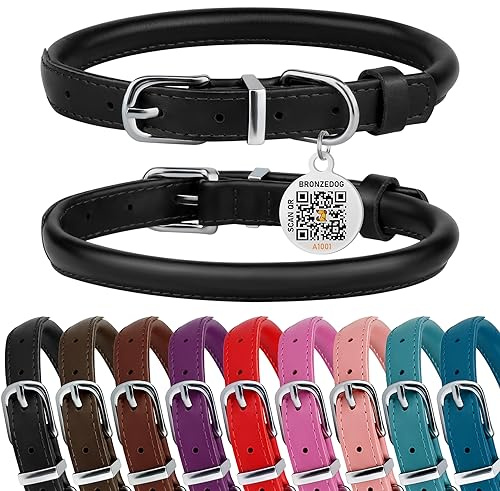 BRONZEDOG Hundehalsband aus gerolltem Leder für kleine, mittelgroße und große Hunde mit QR-ID-Tag (XS: 23-28 cm, glänzendes Schwarz)