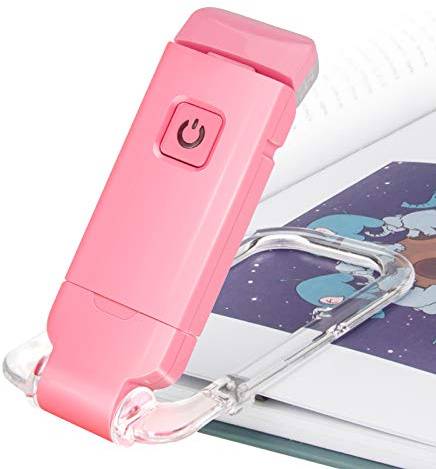HONWELL Lampe de lecture à pince à LED pour livre, lampe de lecture pour livres au lit, lumière douce pour les yeux, rechargeable par USB, 2 réglages de luminosité pour la protection des yeux, rose