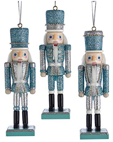 Kurt S. Adler Wooden 6 Nutcracker Christmas Tree Ornaments Festive Decoration (Set of 3 Silver Blue Glitter Nutcracker Soldier C4849)