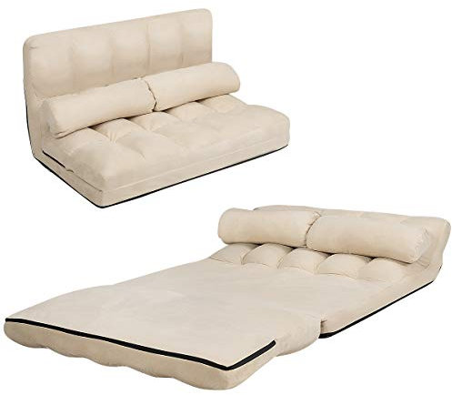 COSTWAY Double Folding Sofa Bed, 6-Position Adjustable Lounger Sleeper Seat Chair with 2 Pillows, Home Office Living Room Bedroom Floor Lazy Sofa Bed (Beige)