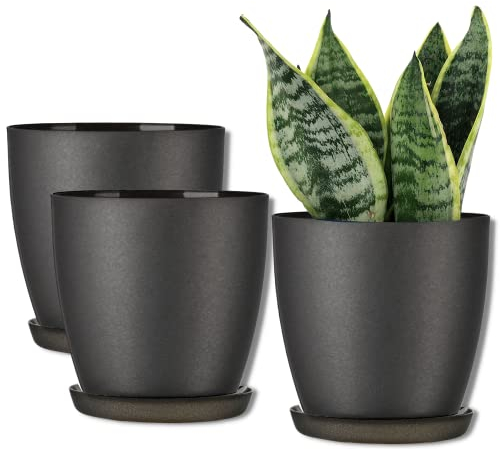 ORTEN Plant Pot Indoor Plastic Flower Pots for All House Plants, Herbs, Cactus, Orchid, Succulents Matt Colours, Set of 3 (Ø 16cm (6.30 in), Matt Graphite)