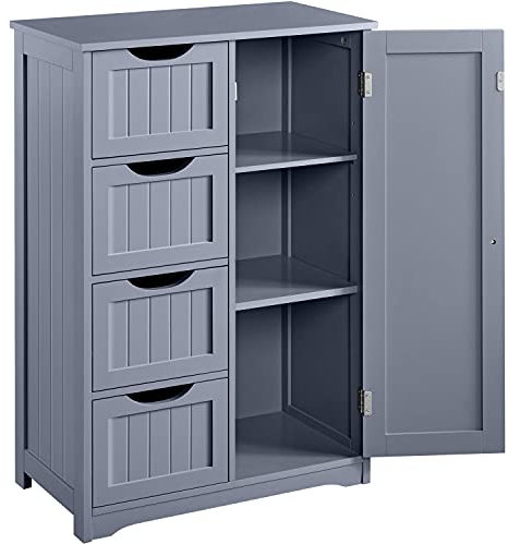 costoffs Bathroom Floor Cabinet, Wooden Storage Cupboard Unit with 4 Drawers, Adjustable Shelves, for Living Room, Kitchen, Hallway, Grey