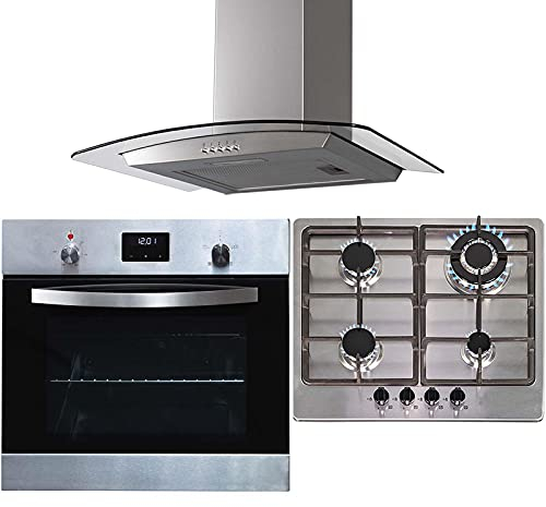 SIA SO114SS 60cm Stainless Steel Digital Electric Single True Fan Oven, SSG601SS 4 Burner Gas Hob with Cast Iron Pan Stands & Curved Glass Cooker Hood