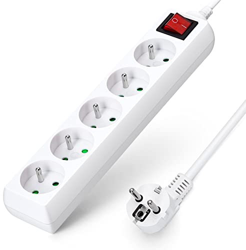 Aigostar Multiprises 5 Prises avec Interrupteur, 2P+T, Extension D'alimentation de 5 Mètre, Sécurité Enfant, Française, Blanc, 16A 250V