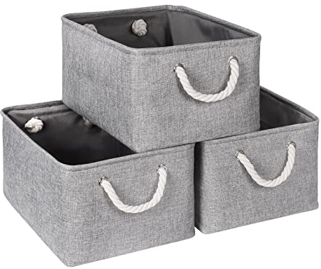 Syeeiex Storage Basket for Shelves [3-Pack], Storage Boxes with Handles, Large Fabric Storage Bins for Organizing Home and Office, Grey