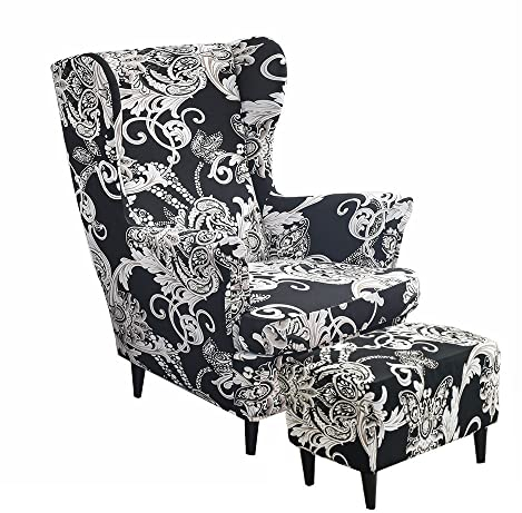 Highdi 2 Teilig Ohrensessel Überzug Mit Ottomane Schonbezug, Sessel-Überwürfe Ohrensessel Schonbezüge Bezug Sesselhusse Stretch Tiger Stuhlbezug mit Armlehne Hohe Rückenlehne (Schwarzes Paisley)