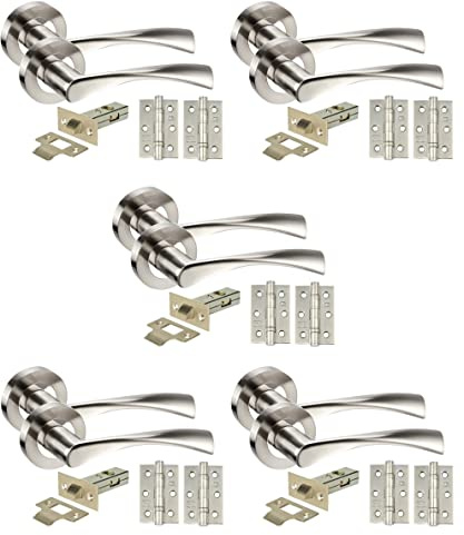Golden Grace Twist Astrid Door Handles Latch Pack, Duo Chrome Finish | Supplied with 3-inch ball bearing hinges, woodscrews, spindles and an allen key, using a screw-on rose to conceal fixings.