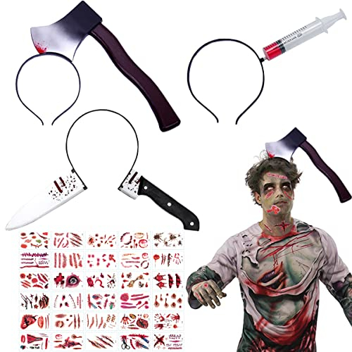 QIMMU Halloween Haarreif,Halloween Messer im Kopf,Halloween Kopfschmuck,Halloween zubehör,Horror Accessoire,Messer,Nadel für Karneval,Masquerade,Cosplay mit 30 Halloween Aufkleber
