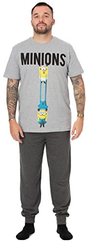 MINIONS Mens Pyjama Set | Adult Grey Animation Loungewear Pants & Black T-Shirt Complete PJs Bundle | Short Sleeve Tee Long Leg Bottom Pajama Bundle | Nightwear Movie Merchandise Gift for Him