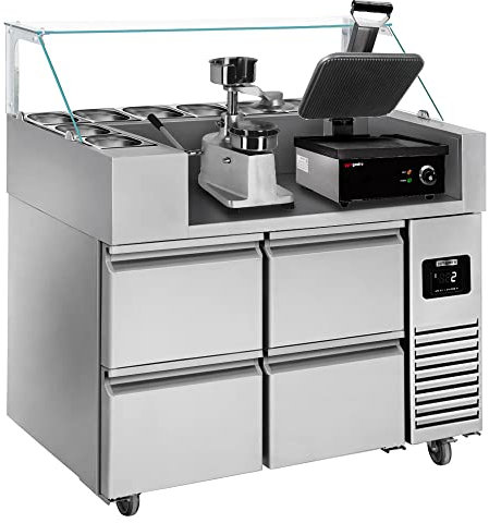 GGM Gastro | ZBF127DN#KGJ13#HM#2SBF | Zubereitungstisch - 1210mm - 4 Schubladen - für 9x GN 1/6 - inkl. Kontaktgrill & Hamburgermaschine