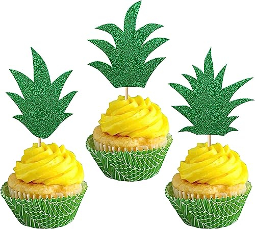 24 Stück Ananas Tortendeko Glitzer Donut Ananas Blatt Kuchen Dekor für Tropical Hawaiian Luau Ananas Thema Baby Dusche Kinder Geburtstag Party Kuchen Dekorationen Tiefgrün