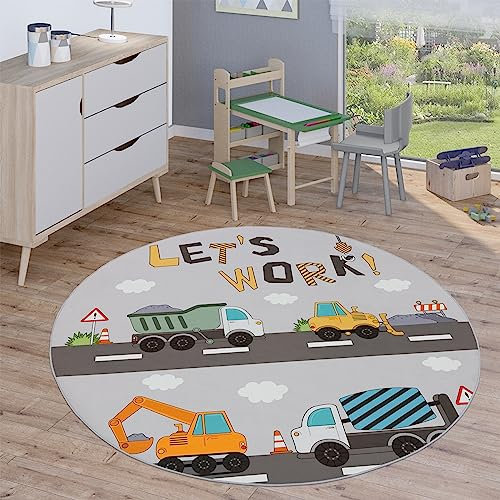 Paco Home Kinderteppich Teppich Rund Kinderzimmer Spielteppich Straßenteppich Modern rutschfest Junge Mädchen, Grösse:160 cm Rund, Farbe:Grau 2