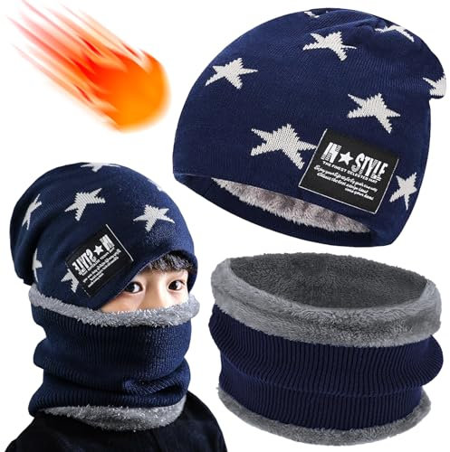 Atuoxing Ensemble Bonnet et Cache Cou Enfant, Tour de Cou pour Garcon Fille, Bonnet Garçon avec Snood Enfant d'hiver, Écharpe à Doublure Polaire pour Enfant (FR/ES, Alpha/lettres, L, bleu)