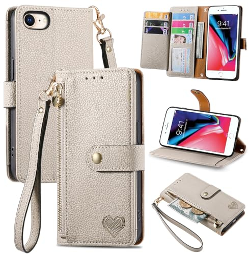 VEEMOS Zipper Wallet Case for Apple iPhone SE 2020 / SE 2022 5G / iPhone 7 / iPhone 8 Phone Case with Purse Card Holders RFID Blocking Leather Flip Case Book Cover Wrist Strap Women - Gray