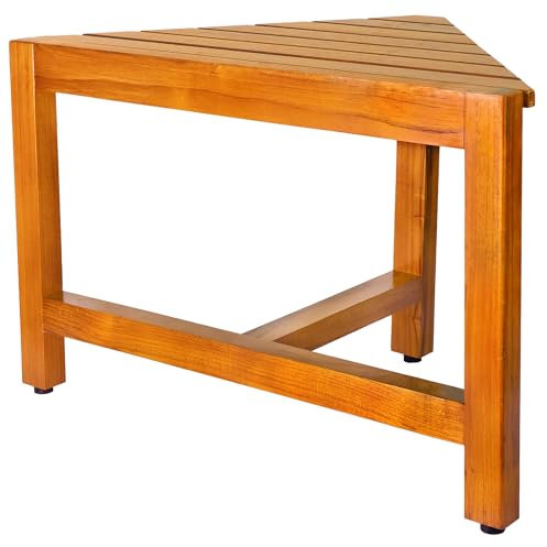 VaeFae Teak Shower Corner Bench, Wooden Foot Rest, Shower Bench for Shaving, Nail Care & Storage, Brown Teak Wood, Space-Saving Corner Stool