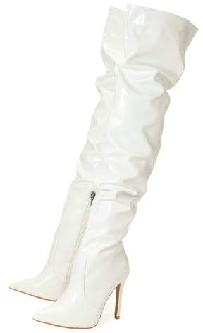 Stivali Alti al Ginocchio da Donna Stivali sopra Il Ginocchio Tacchi a Spillo Stivali Alti alla Coscia Stivali Lunghi in PU per Donna Punta a Punta con Cerniera Laterale,Bianca,41