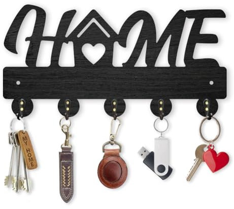 MAYJOYDIY Home Key Holder for Wall 30×15.2cm House Heart Black Wooden Key Hanger 5 Alloy Hooks Family Wall Mounted Decorative Key Hooks Rack Home Decor Gift for Entryway Front Door Hallway