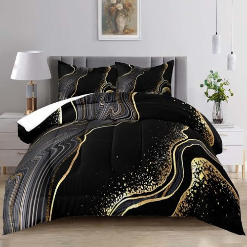 Raphus cucullatus Marmor-Bettwäsche-Set für Queen-Size-Bett, Marmor-Bettwäsche, schwarz-weiß, Schlafzimmer-Bettwäsche, Queen-Size-Größe, schwarz-goldfarbenes Bettdecken-Set, Weiß und Gold