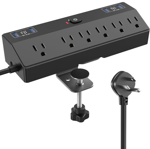 Desk Clamp Power Strip with 40W Fast Charging Station, JXGUCAT Removable Desk Clamp Mount Power Strip Surge Protector, 2 USB-C Ports, 6 AC Outlets and 10ft Cord, Fits 1.8 Tabletop Edge