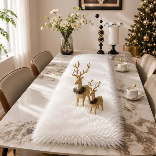 Weißer Kunstfell Tischläufer 30x120cm Flauschige Tischdeko Weihnachten | Weicher weißer Kunstfell Tischläufer mit flauschiger Oberfläche für Esstisch Weihnachten Hochzeit und Winterdeko