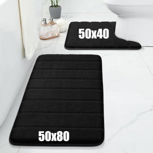 Super Soft Memory Foam Velvet Mat - Modern Design Anti Slip Bath Mat 2 Pieces Sets 50 x 80 cm, 50 x 40 cm Washable Bathroom Door Mat - Black