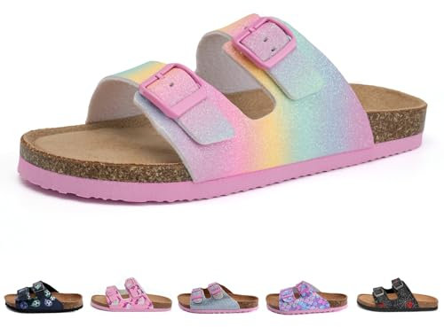 Torotto Kinder Pantoletten Mit Kork Hausschuhe Jungen Mädchen Pantoffeln Riemen Verstellbare Schnalle Rutschfeste Badelatschen für Drinnen und Draußen(Regenbogen Glitzer, 32EU)