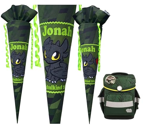 Ohnezahn Schultüte passend zum School-mood Daniel Dinosaurie,für jungen,schwarze Drache mit Flügeln, Benutzerdefinierte, Genäht, Name (80cm)