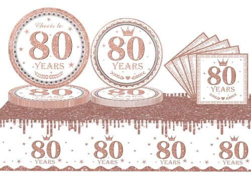 53Pcs Rose Gold Tableware Set 80th Birthday Table Cloth,Rose Gold 80th Paper Napkins and Paper Plates(7+9in),Rose Gold Paper Dinnerware 80th Anniversary Decor for Her 80th Birthday Party Supplies