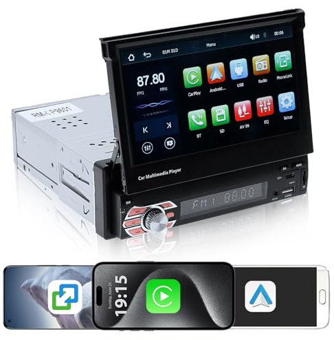 KAOLALI 1 Din Car Radio Android Auto, Autoradio mit 7 Zoll Ausfahrbarem Display Touchscreen, 1 Din Autoradio Carplay Auto Radio mit BT Mirror Link FM AUX/TF/USB