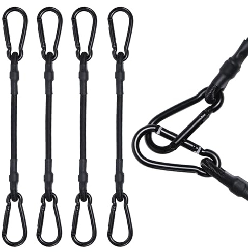 LOOGI Bungee Cords with Carabiner – 4 Pack 12 Inch Heavy Duty Long Elastic Straps, Extra Strong Black Bungee Ropes with Hook for Bike Racks, Roof Racks, Luggage, Camping