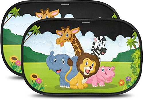 CARAMAZ Sonnenschutz Auto Baby mit zertifiziertem UV Schutz, universell passend 48 x 30 cm, 2 Stück Sonnenblende, mit Saugnäpfen, Motiv: Safari