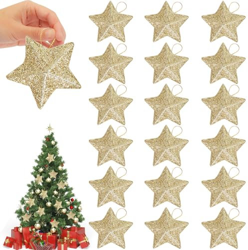 Weihnachtsdeko Gold, 24 Christbaumschmuck Sterne, Weihnachtsbaumschmuck Gold, Glitzer Weihnachtlicher Baumschmuck, Christbaumanhänger, Tannenbaumschmuck, Weihnachtsbaum Deko für Kamin, Tischdeko