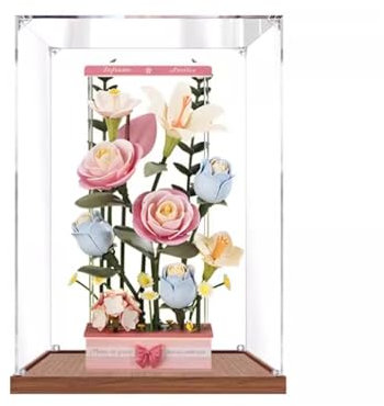 Boîte de présentation transparente en acrylique pour modèle de rose Lego, boîte de rangement anti-poussière (modèle non inclus) (base en bois de 3 mm)