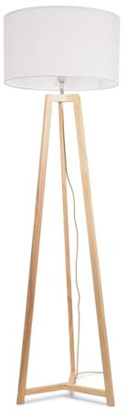 Natural Wood Tripod Floor Lamp with White Fabric Drum Lampshade Living Room Light