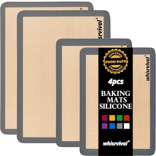 whisrvival 4 Pcs Silicone Baking Mat, Non-Stick, Reusable, Easy Cleanup