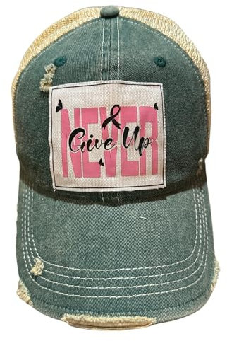 Popfizzy Lustige Vintage-Trucker-Hüte für Damen und Herren, Humormützen, Unisex, Distressed Baseballkappe, verstellbarer Snapback, Never Give Up (Grün), Einheitsgröße