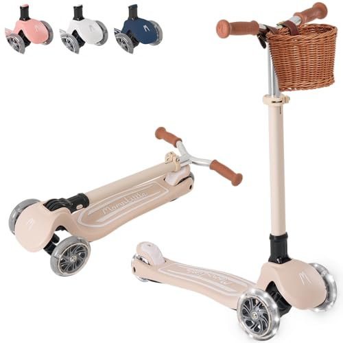 MomnLittle Kick Scooter with Basket for Kids Ages 3-10 (Beige) 3 Wheeled with LED Light-Up Wheels CPSC Certified Foldable and 4 Height Adjustable Toddler Scooters for Boys Girls (Beige with a Basket)