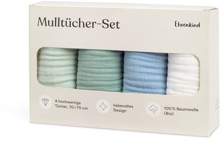 Ehrenkind® Mulltücher Baby 70x70 cm Premium Spucktücher für Neugeborene | Weiche Musselintücher im 4er-Set | Perfekt als Neugeborenen Geschenk & Baby Erstausstattung | Blau
