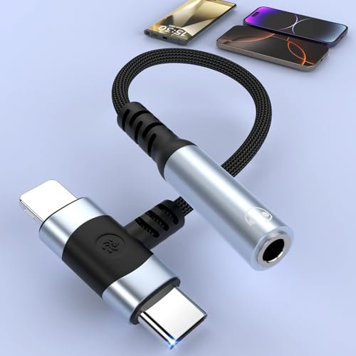 2 in 1 Lightning+USB C to 3.5mm Headphone Jack Adapter for iPhone, USB C and Lightning Aux Audio Splitter Cable Adapter iPhone Headphone Jack Adapter for iPhone 16 15 14 13 12 11/iPad/Samsung, Silver