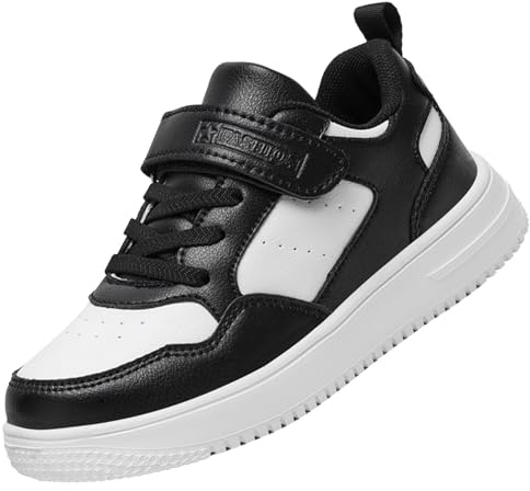 Dhinash Boys' Fashion Trainers Kids Low-Top Trainers Girls Sneakers Tennis Shoes Walking Running Athletic Sports Barefoot School Shoes Unisex Black White 4UK