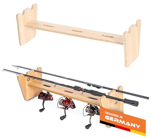 Tackley Wandregal für Angelausrüstung, 20x20x67 cm, Angelrollenregal für 2 Angelruten und 3 Angelrollen, Angelrutenregal Bucheoptik, Holz, unsichtbare Wandbefestigung, Angelrutenhalter