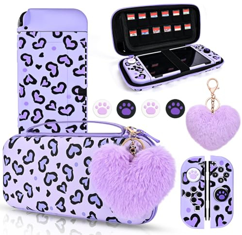 DLseego Tragetasche nur für Switch OLED, Heart Print Tasche und Weiche Hülle, mit 4 Joystikkappen und 1 Plüsch Herz Charme, Lila